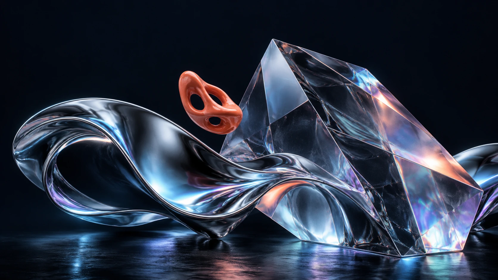 AI concept visual: flowing mirrored metal passing through a transparent prism, with a coral abstract form floating between, reflecting teal and violet light.