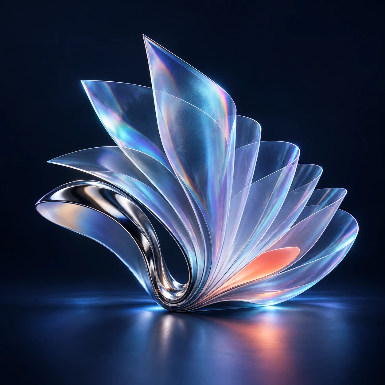 AI concept visual: iridescent transparent sheets unfolding in layers around a mirrored metal curve.