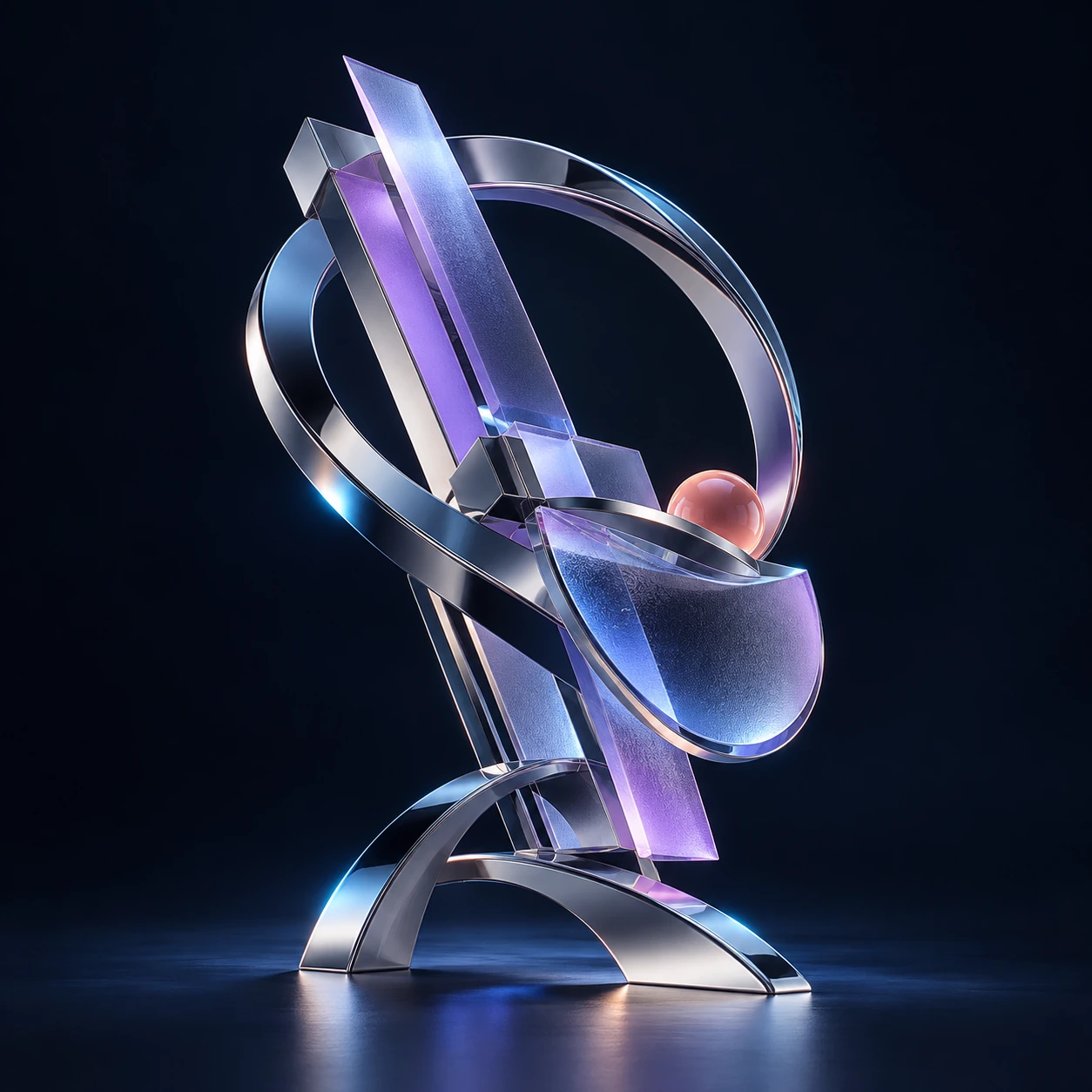 AI concept visual: mirrored metal rings interlacing with violet transparent geometric forms in an abstract sculpture.